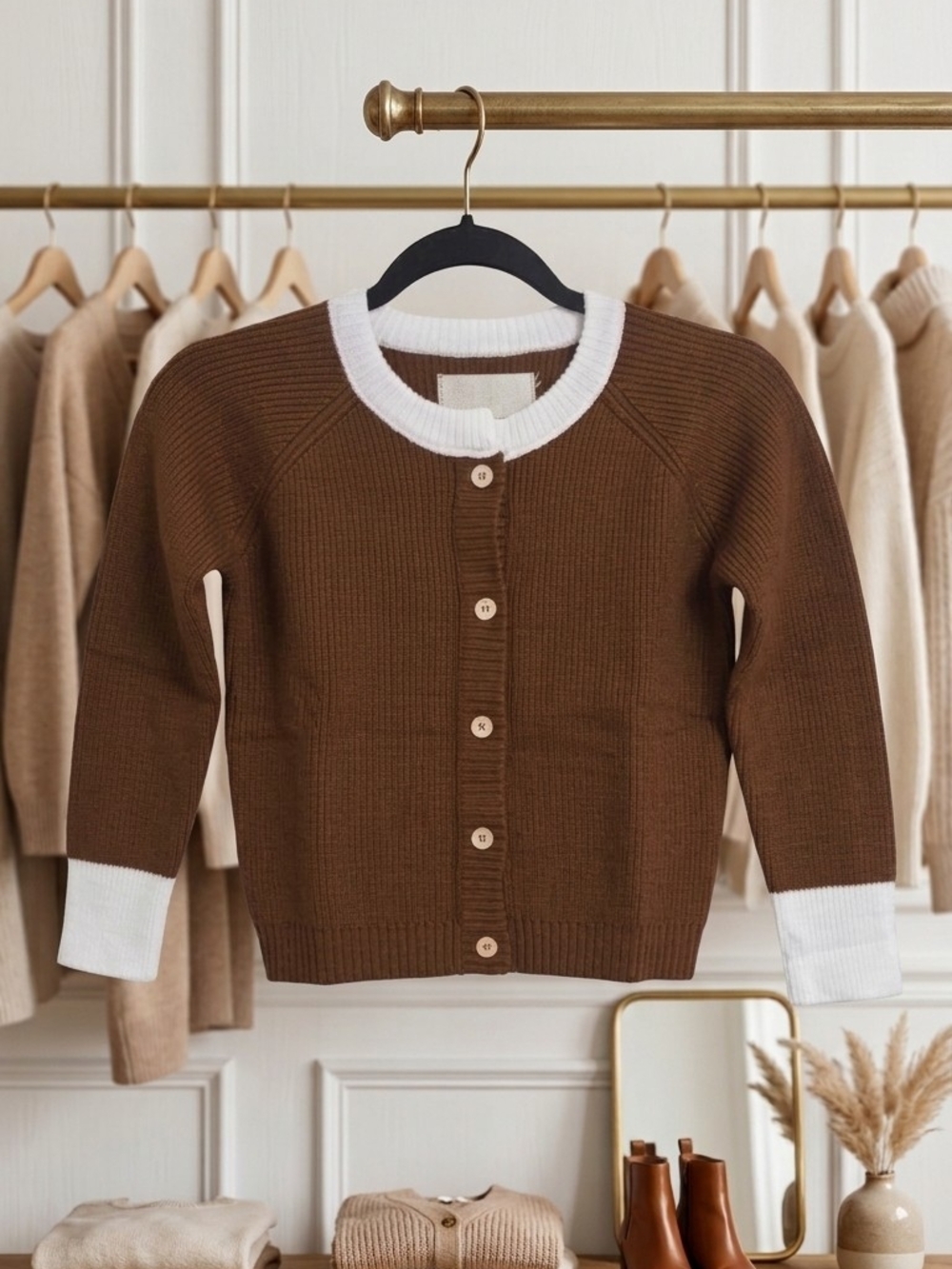 Kids Brown Knit Cardigan with White Trim